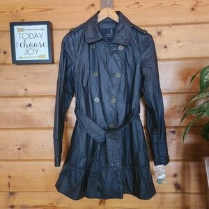 Buffalo David Bitton Outerwear Black Ruffle Coated Belted Trench Dress Coat Sz M